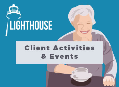 Woman smiling with a cup of coffee. The text reads Client Activities & Events